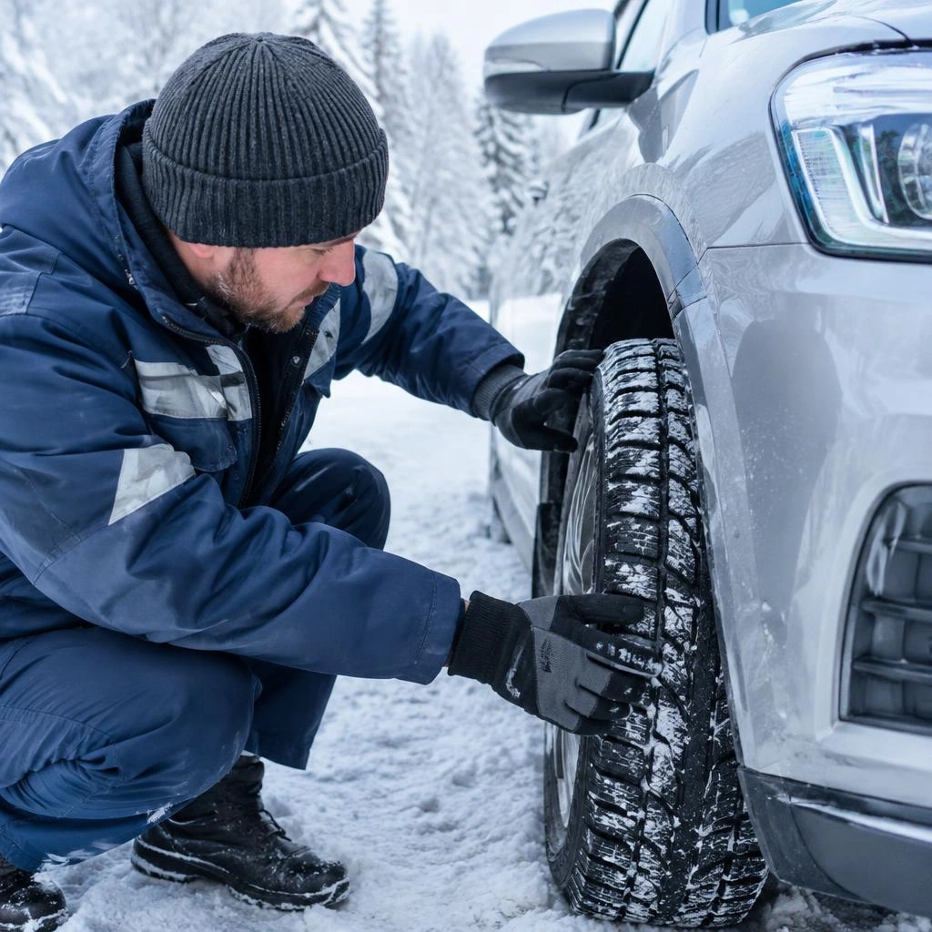 Mechaniker prüft ein Winterreifenprofil an einem Auto im Schnee
