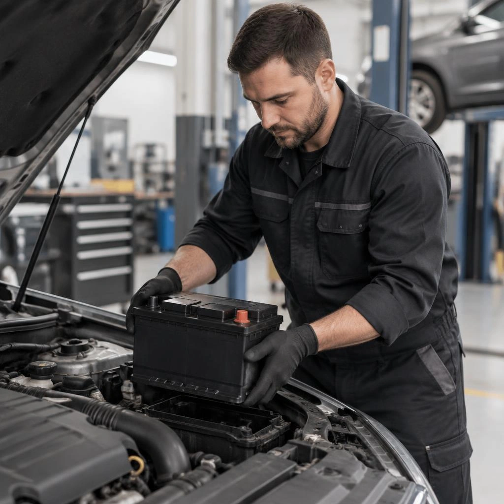 Mechaniker setzt eine neue Autobatterie ins Fahrzeug ein