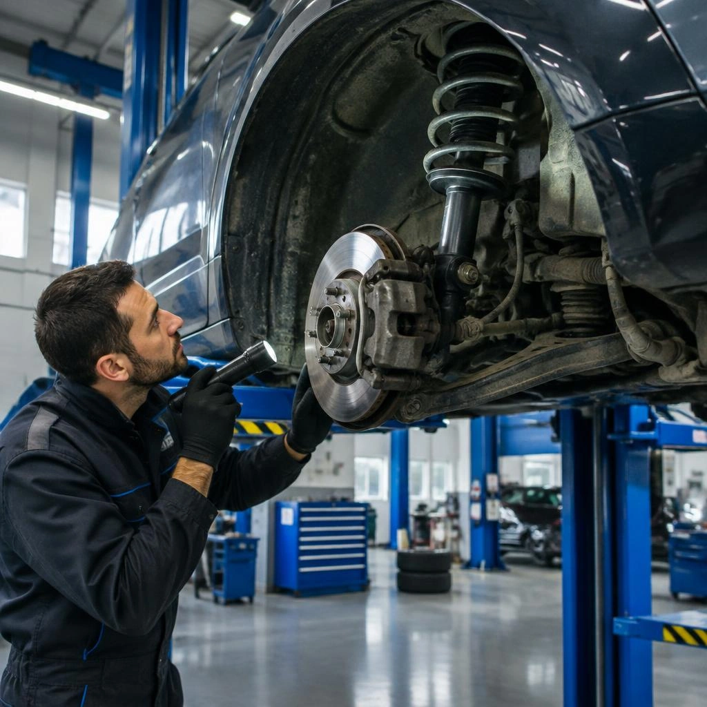 Mechaniker prüft das Fahrwerk eines angehobenen Fahrzeugs