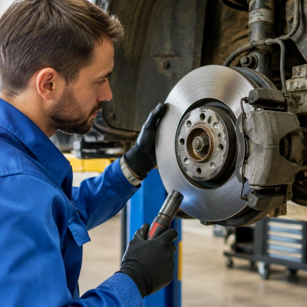 Mechaniker prüft eine Bremsscheibe