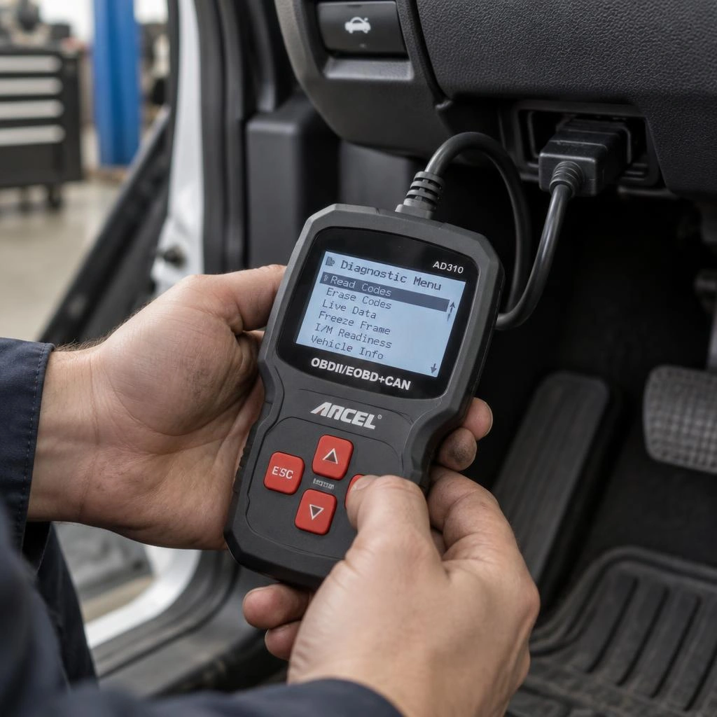Diagnosegerät wird an der OBD-Schnittstelle des Fahrzeugs angeschlossen