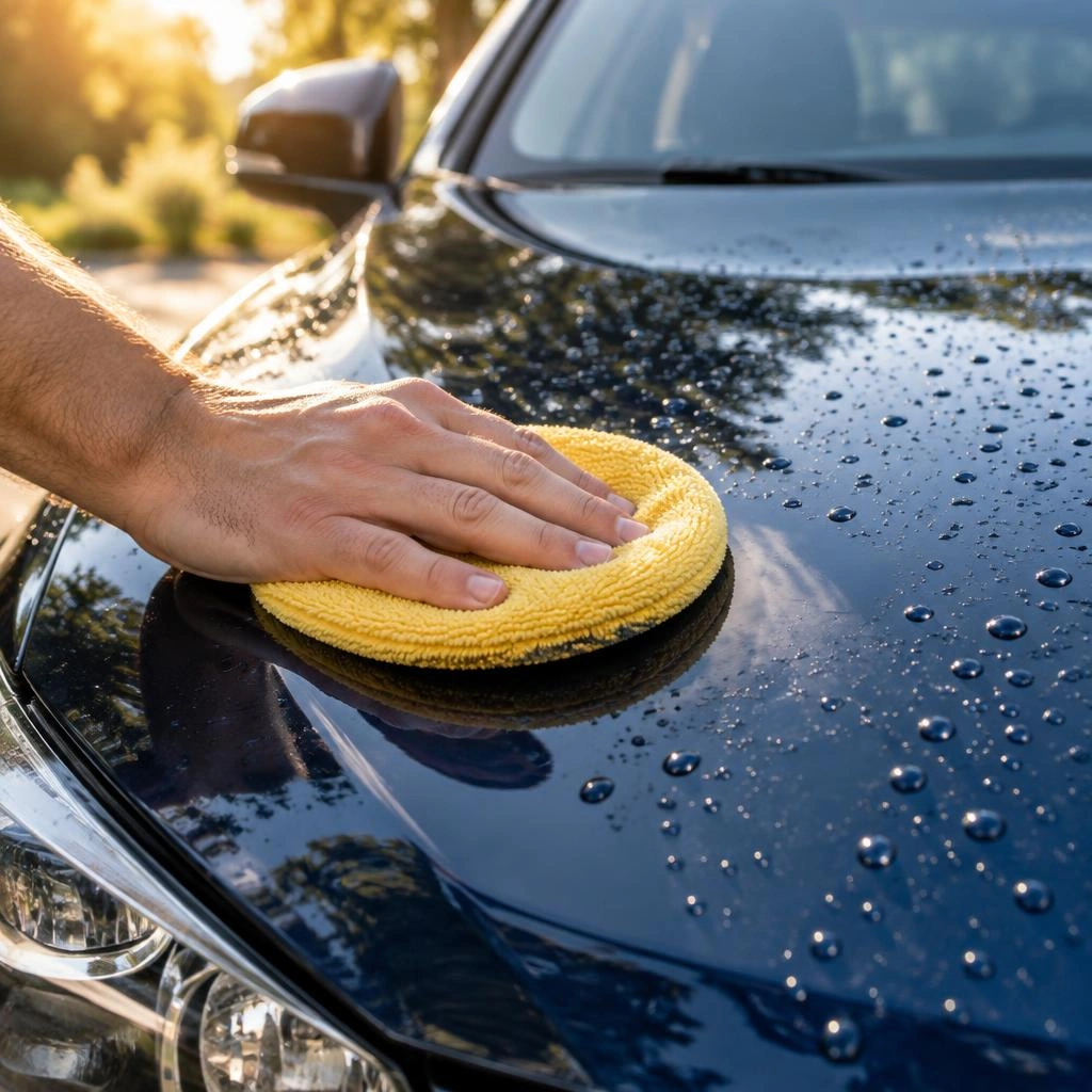 Hand poliert die Motorhaube eines dunklen Fahrzeugs