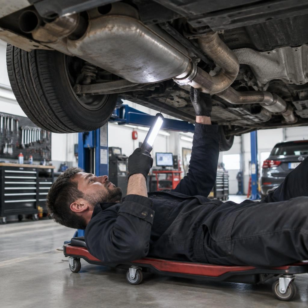 Mechaniker prüft die Abgasanlage unter einem Fahrzeug